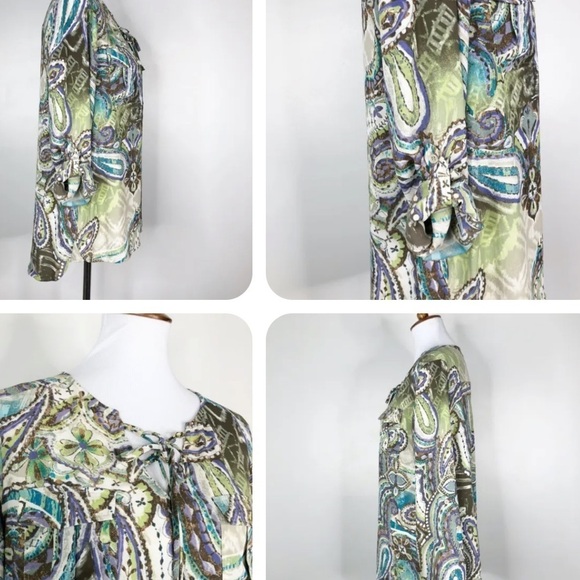 Chico's Women's Taupe Green Turquoise Paisley Lace Up Tie Neck Blouse Top - Picture 7 of 11